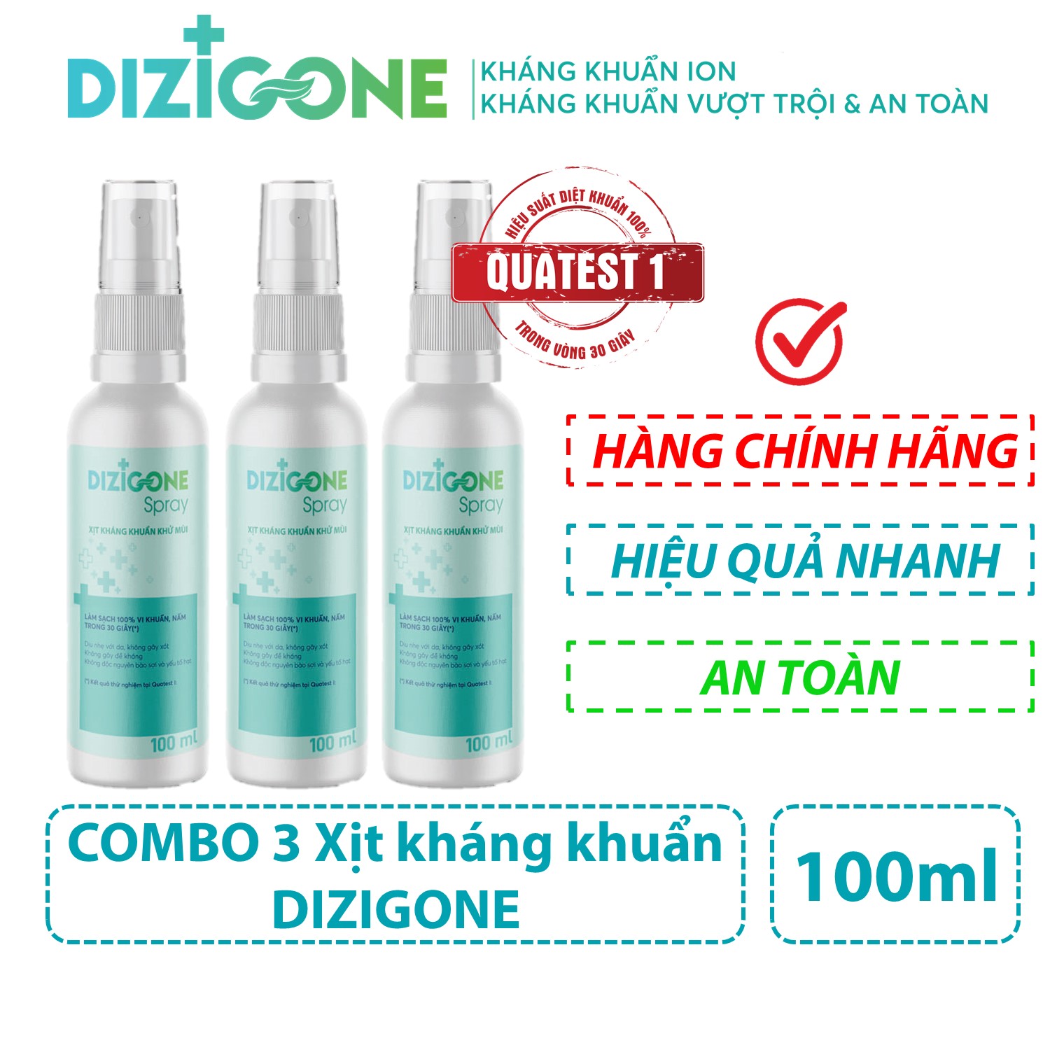 [Bộ 3] Xịt kháng khuẩn DIZIGONE chăm sóc tổn thương lành nhanh, không đau xót, tái tạo da, ngăn ngừa sẹo - 3 chai 100ml