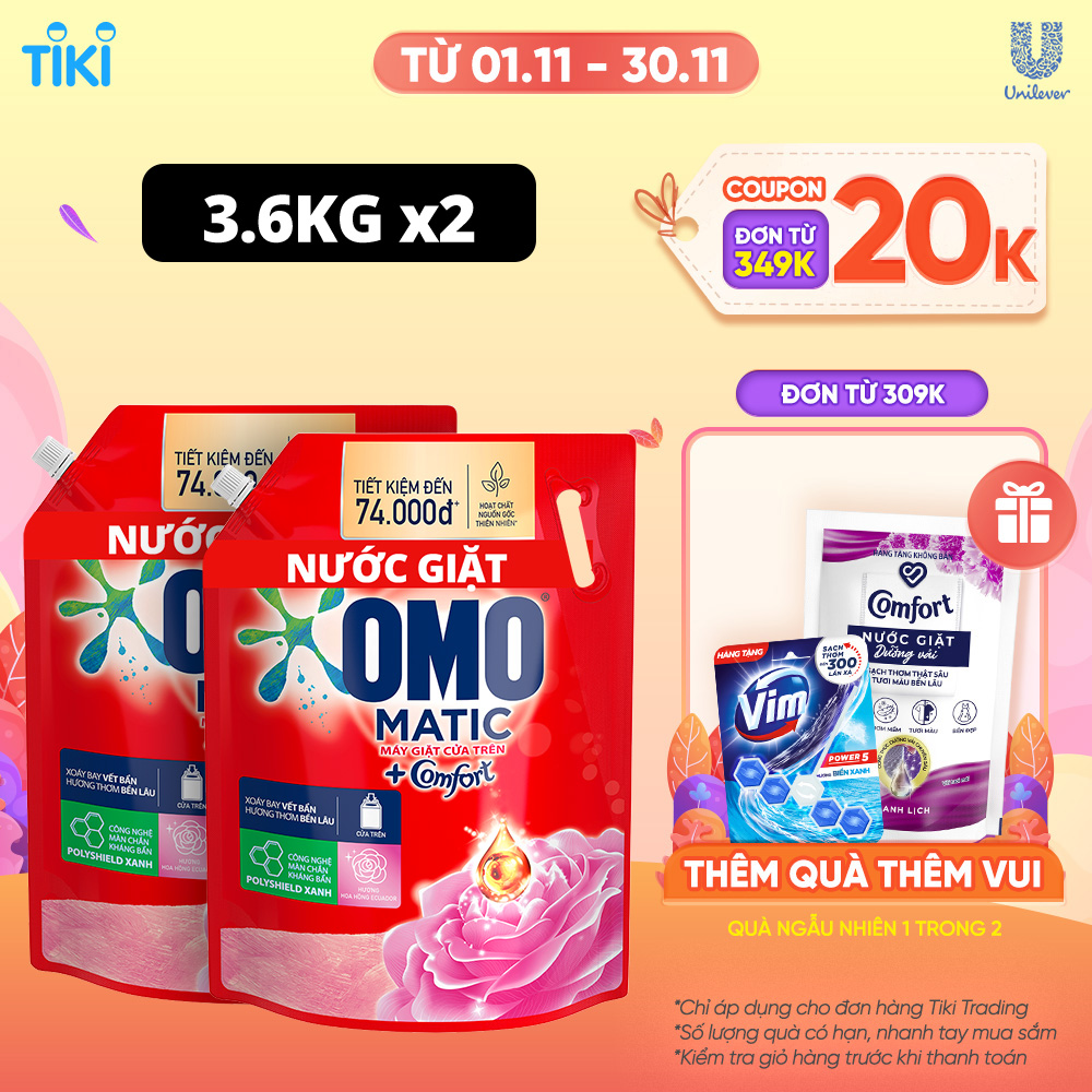 Combo 2 túi Nước giặt OMO Matic Comfort Hương Hoa Hồng Ecuador cho máy giặt cửa trên, túi 3.6kg