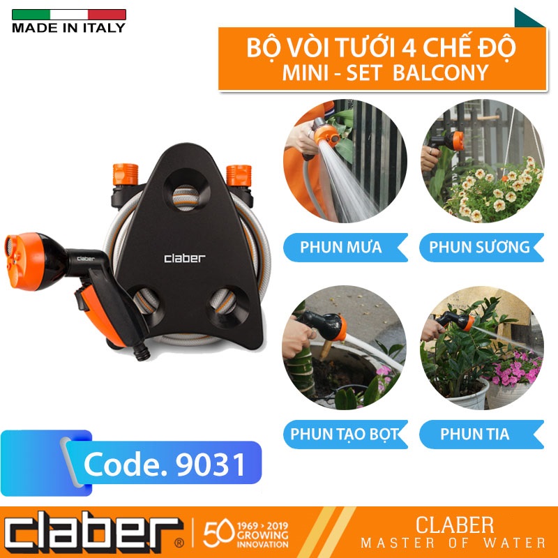 Hình ảnh Bộ Vòi Tưới Cây Ban Công Claber Mini-set Balcony 9031, loại 10 mét, vòi xịt đa năng 4 chế độ kèm 2 khớp nối nhanh, 1 đầu nối vòi nước