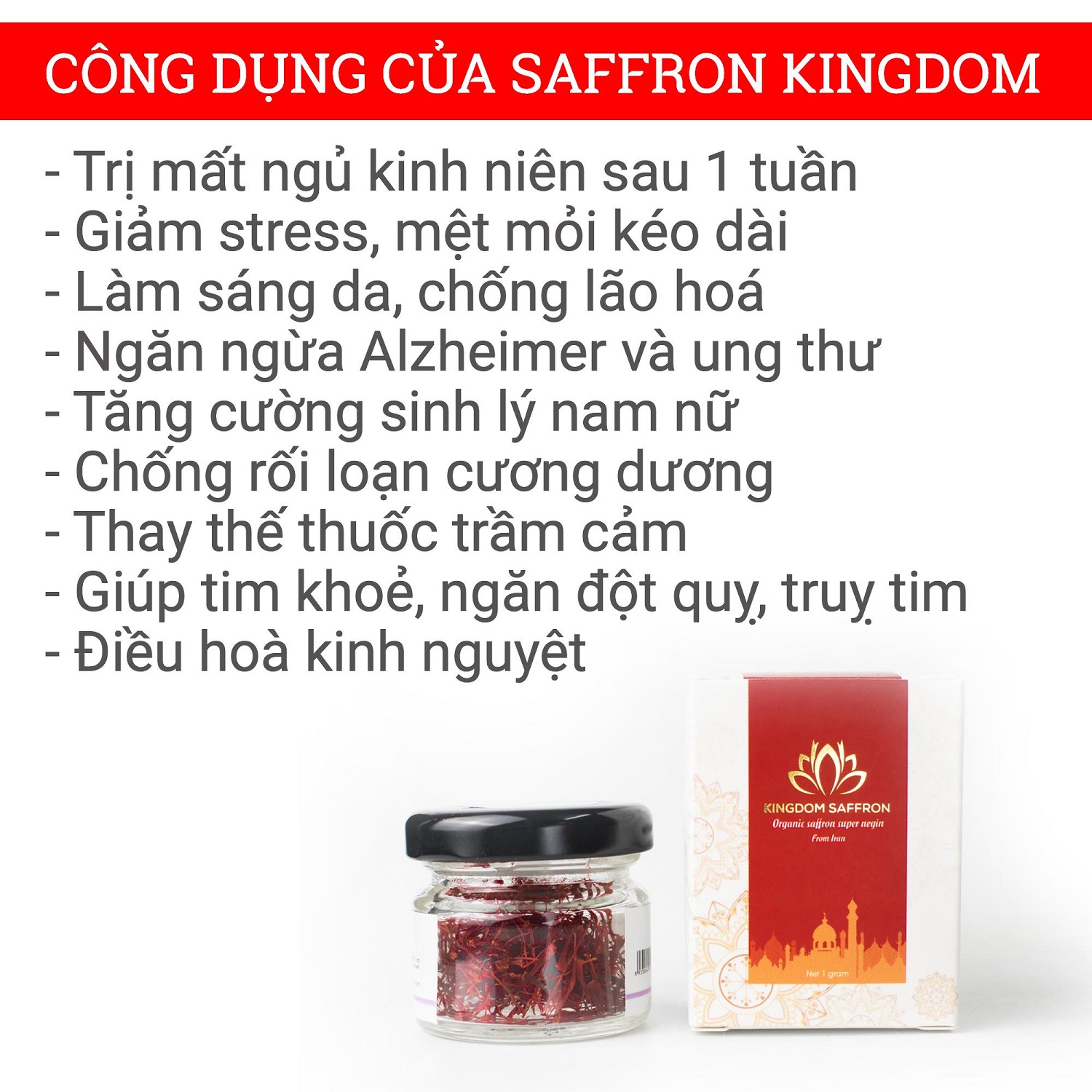 Combo 3 hộp (hộp/1gr) saffron Kingdom Herb, nhụy hoa nghệ tây Iran chính hãng super negin thượng hạng (Tặng hộp nụ hồng khô 3g và bình nước thủy tinh)