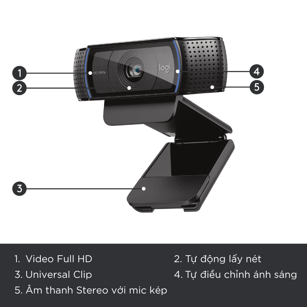 Webcam Logitech C920 Pro Full HD 1080p 30FPS - micro kép to rõ, tự động lấy nét và chỉnh sáng HD, thấu kinh Full HD cao cấp, phù hợp PC/ Laptop/ Mac - Hàng chính hãng