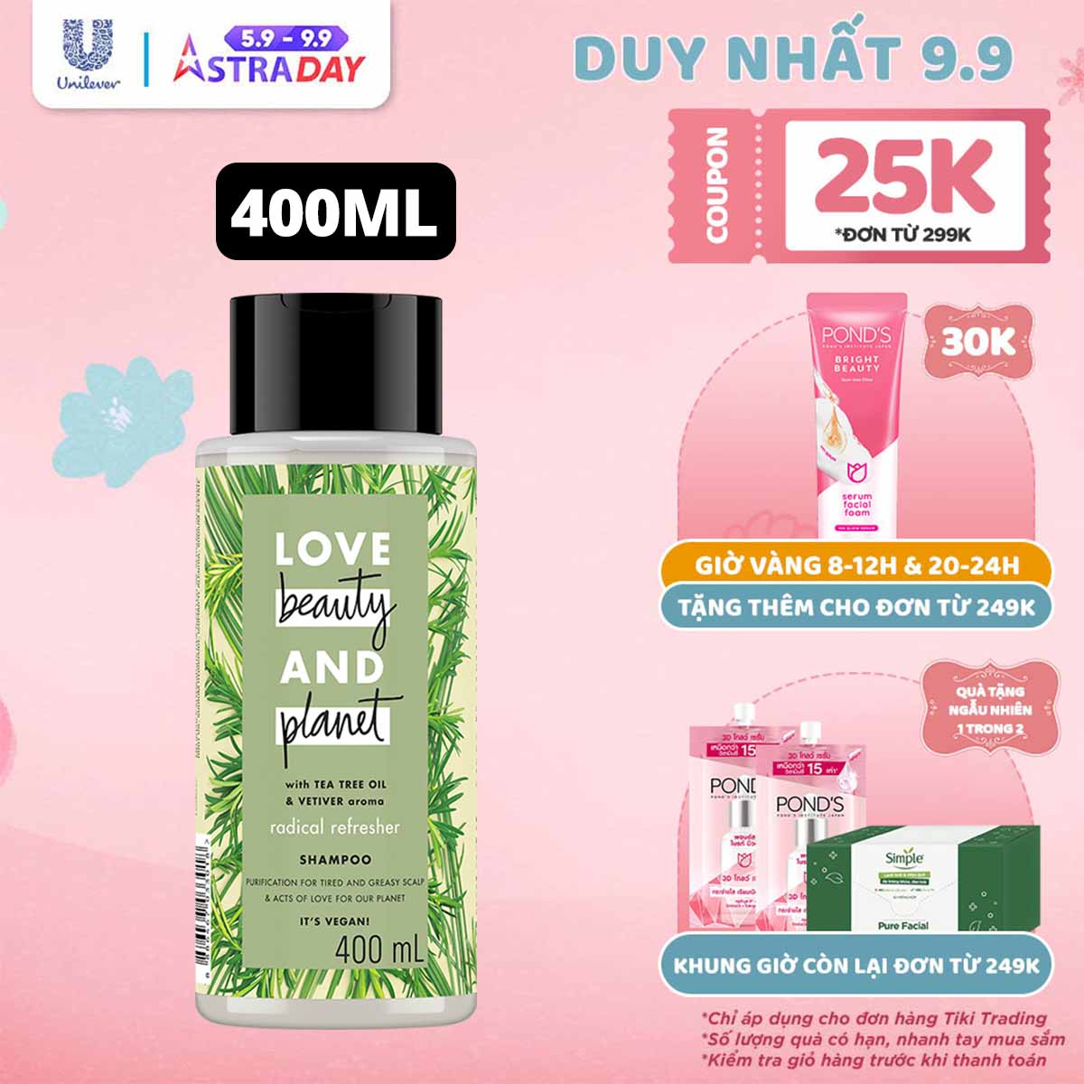 Dầu gội LOVE BEAUTY &amp; PLANET Dưỡng tóc detox sạch sâu với 100% tinh dầu tràm trà Úc và hương cỏ vetiver thiên nhiên 400ml