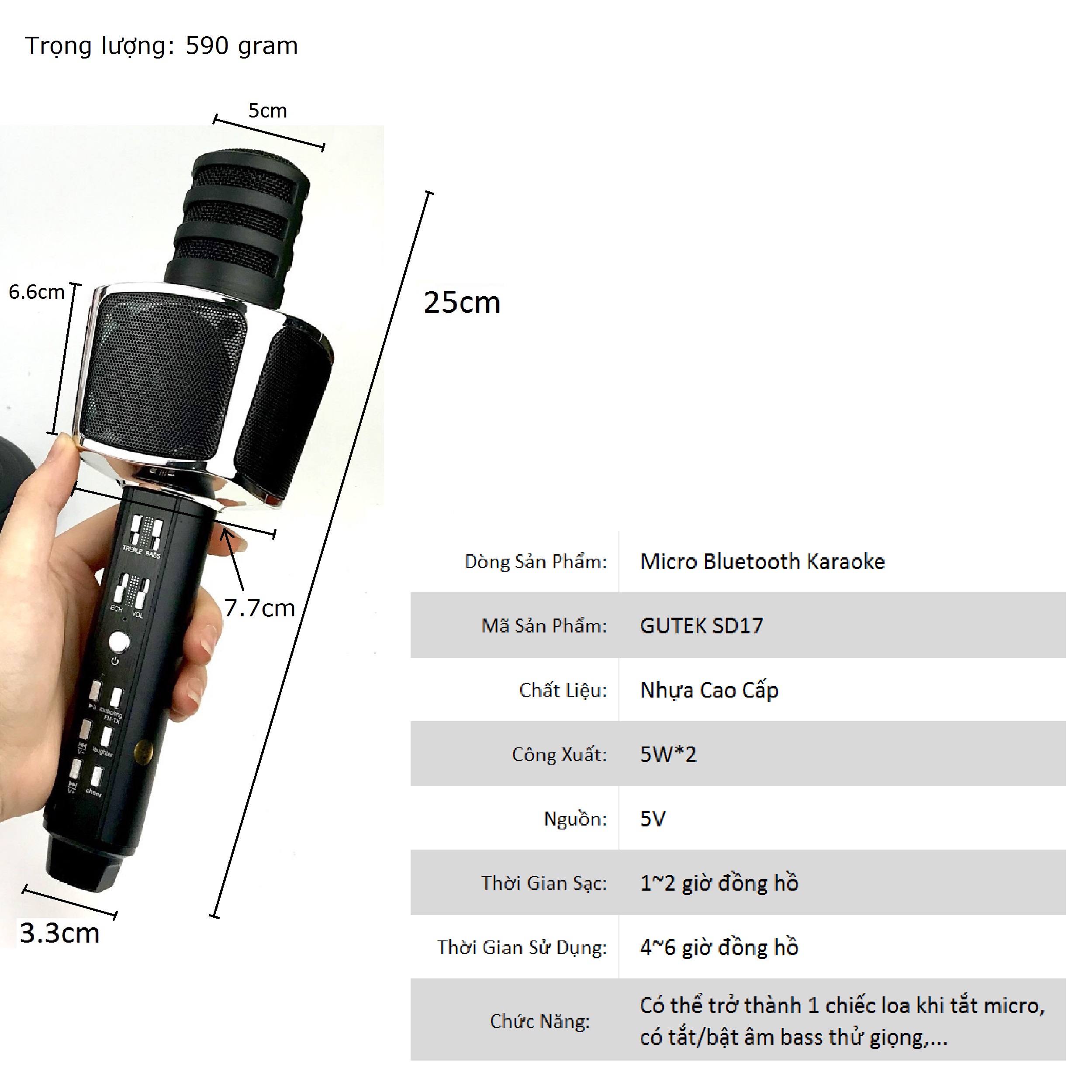 Micro Karaoke Bluetooth GUTEK SD17 Kiêm Loa Không Dây, Âm Thanh Hay Micro Hút Có Đầu Bảo Vệ Mic, Cắm Usb, Thẻ Nhớ, Cổng 3.5 - Hàng chính hãng