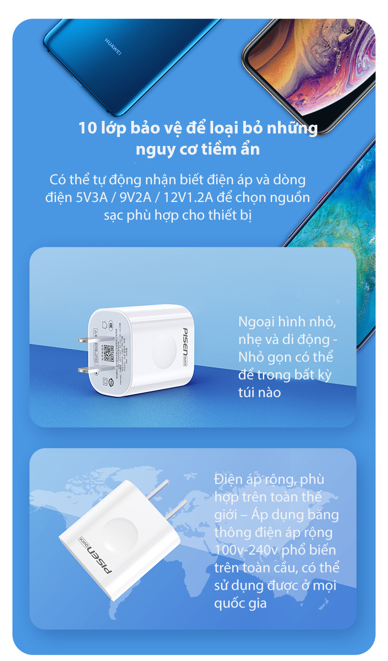 Sạc PISEN Quick Type-C Wall Charger (PD3.0/18W) - Hàng Chính Hãng