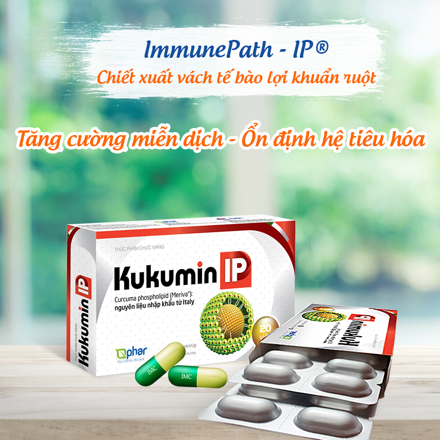 Thực phẩm bảo vệ sức khỏe KUKUMIN IP (Chứa Curcumin Phytosome từ Italia) - cho người trào ngược và viêm loét dạ dày (20 viên)