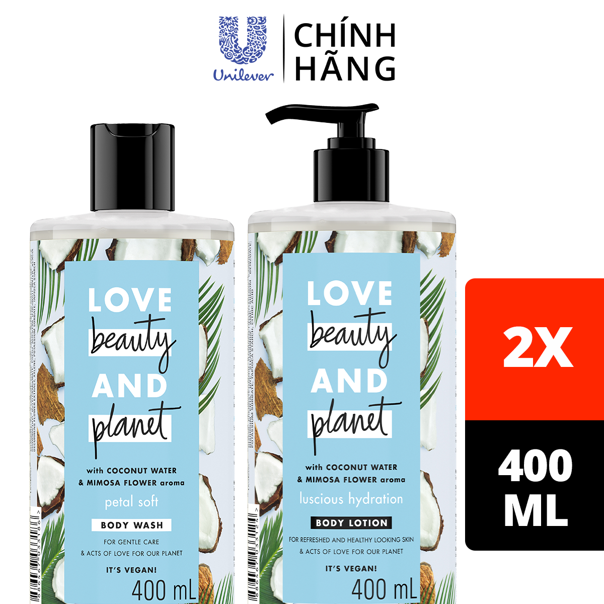 Combo sữa tắm và sữa dưỡng thể Love Beauty And Planet chăm da mềm mịn với 100% dừa tươi organic 400ml