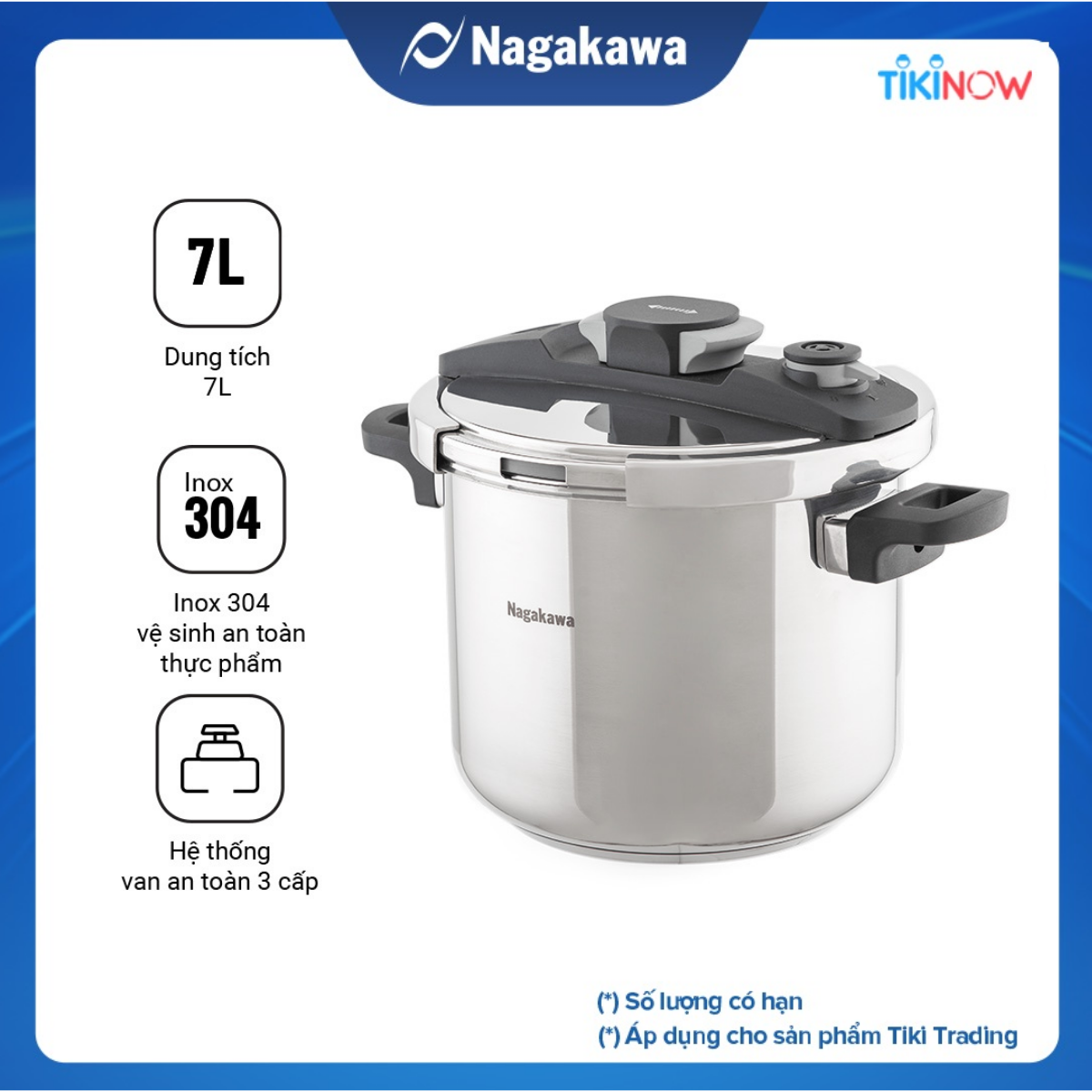 Nồi Áp Suất Cơ Đáy Từ Nagakawa NAG1472 (7L) - Lòng Nồi Inox 304, Van Kép 3 Cấp An Toàn