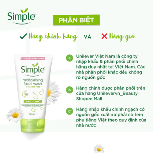 Sữa rửa mặt Simple giúp cấp ẩm, da trông khỏe và mịn màng - cho da khô nhạy cảm 150ml [CHÍNH HÃNG ĐỘC QUYỀN] [MỚI]