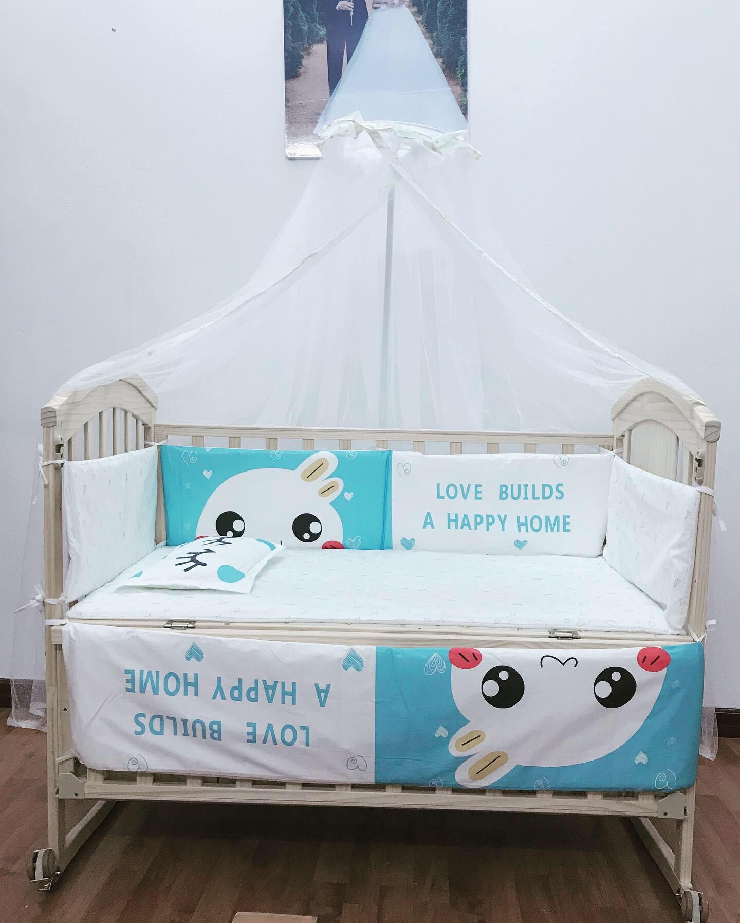 Nôi cho trẻ em thông minh 6 chức năng kèm quây đệm cotton. Cũi sử dụng gỗ chất lượng cao an toàn cho bé sử dụng