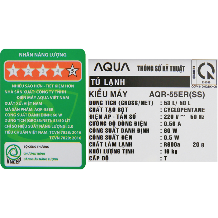 Tủ lạnh Aqua 50 lít AQR-55ER (SS)