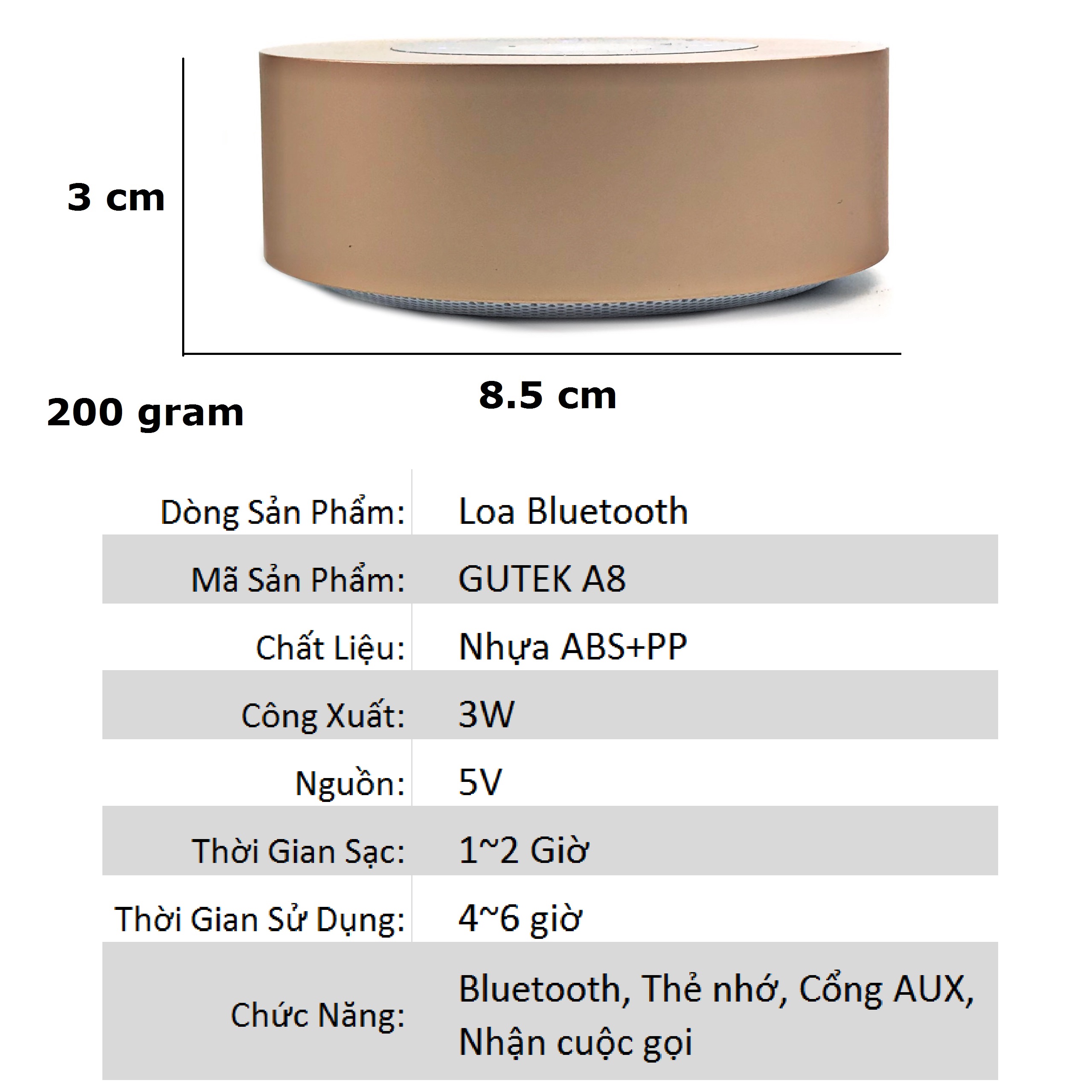 Loa Bluetooth Nghe Nhạc Mini GUTEK A8 Cảm Ứng, Loa Không Dây Vỏ Kim Loại, Âm Thanh Hay – Cắm Thẻ Nhớ Tf Và Cổng 3.5 - Hàng Chính Hãng