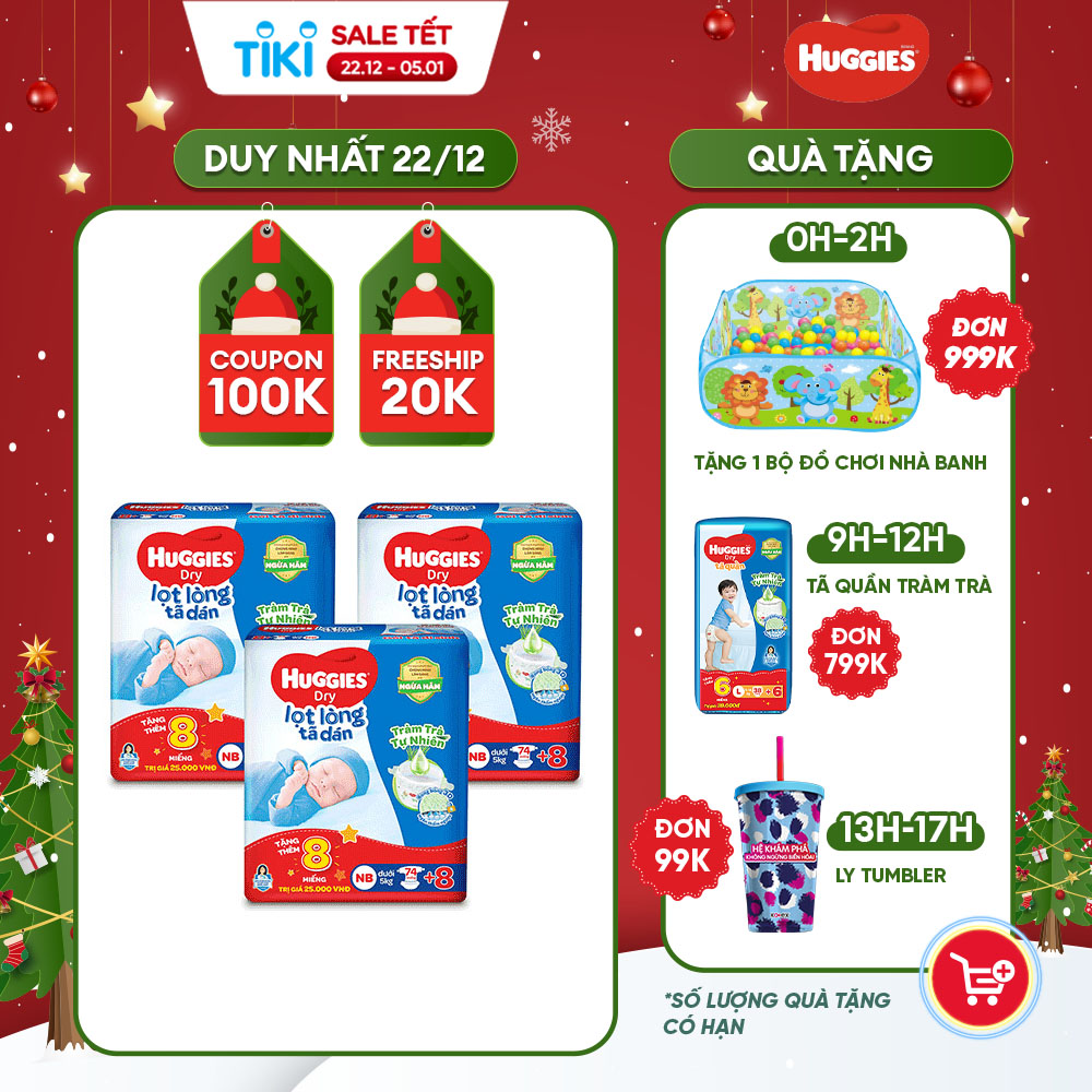 Combo 3 gói tã dán sơ sinh Huggies Tràm Trà Tự Nhiên NB74 (dưới 5kg) - Gói 74 miếng + Tặng 8 miếng