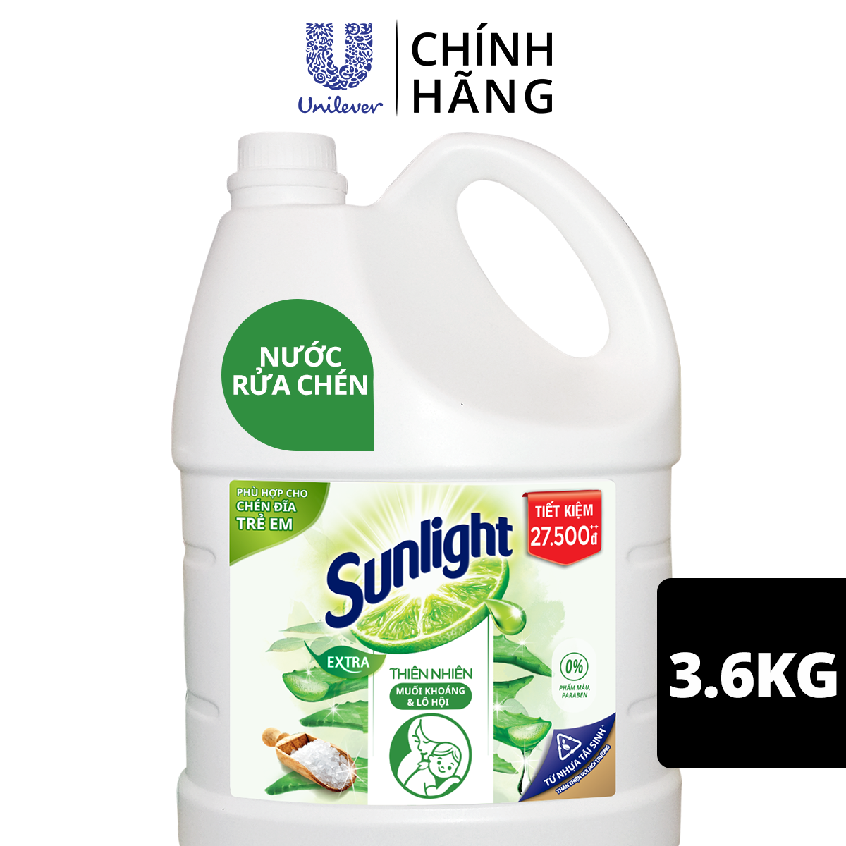 Nước Rửa Chén Bát Sunlight Thiên Nhiên Muối Khoáng & Lô Hội 3.6kg