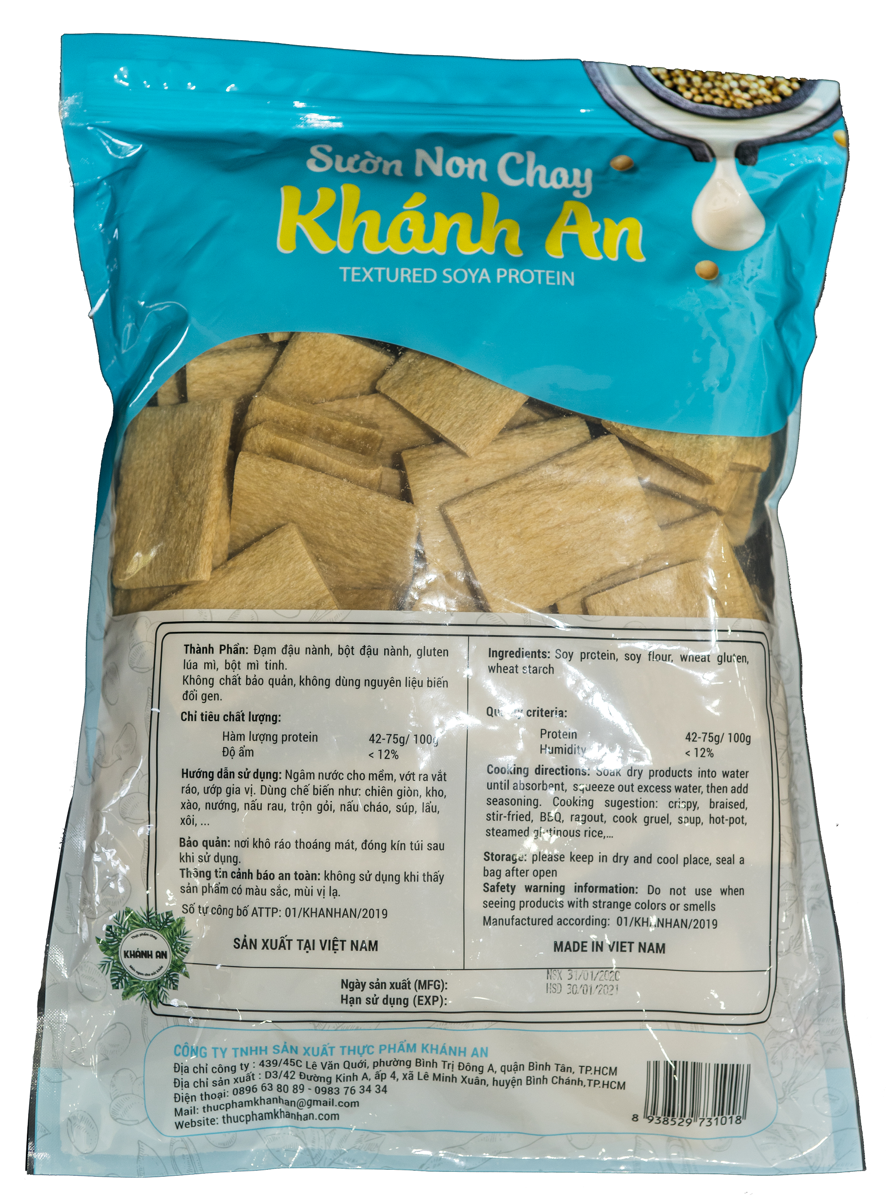 Sườn non chay Khánh An 1kg. Hàng chính hãng, sản xuất tại Việt Nam, nguyên liệu đảm bảo an toàn, không sử dụng chất biến đổi gen và chất bảo quản. Hàm lượng Protein cao.