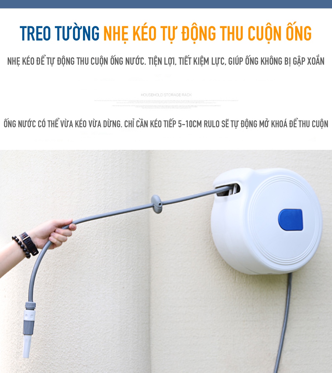 Bộ vòi tưới cây, vòi rửa xe  thu cuốn ống tự động 10 mét ống trong lô cuốn và 2 mét cấp nước ngoài NW-B10