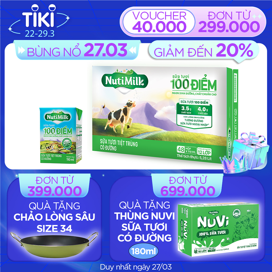 Thùng 48 Hộp NutiMilk Sữa Tươi 100 Điểm - Sữa Tươi Tiệt Trùng Có Đường Hộp 110ml