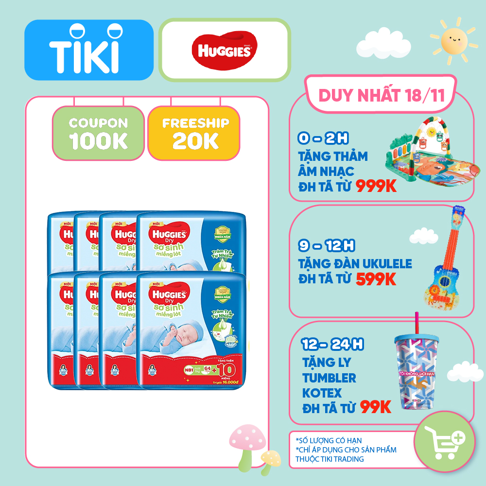 Combo 8 gói Miếng lót sơ sinh NB1 HUGGIES DRY 64 miếng + 10 miếng