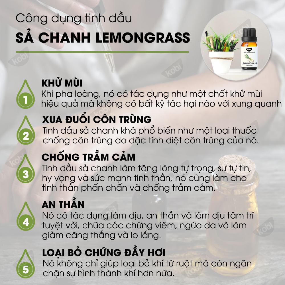 Tinh Dầu Sả Chanh Đuổi Muỗi Kobi, Dùng Lau Sàn Nhà, Giúp Khử Mùi, Thơm Phòng (10ml)