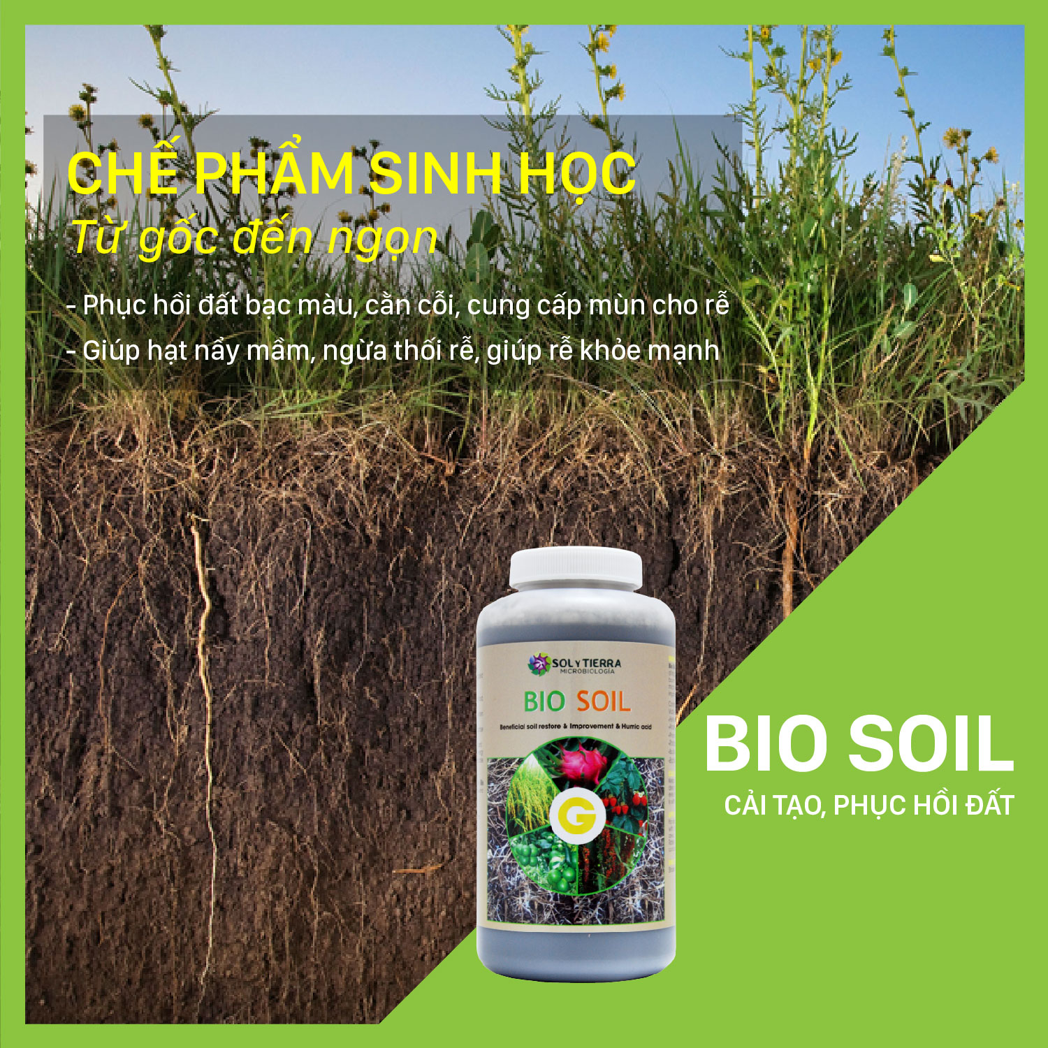 Vi sinh cải tạo đất, tăng độ mùn cho đất Bio Soil - NSX Soly Tierra - Chai 1 quarter