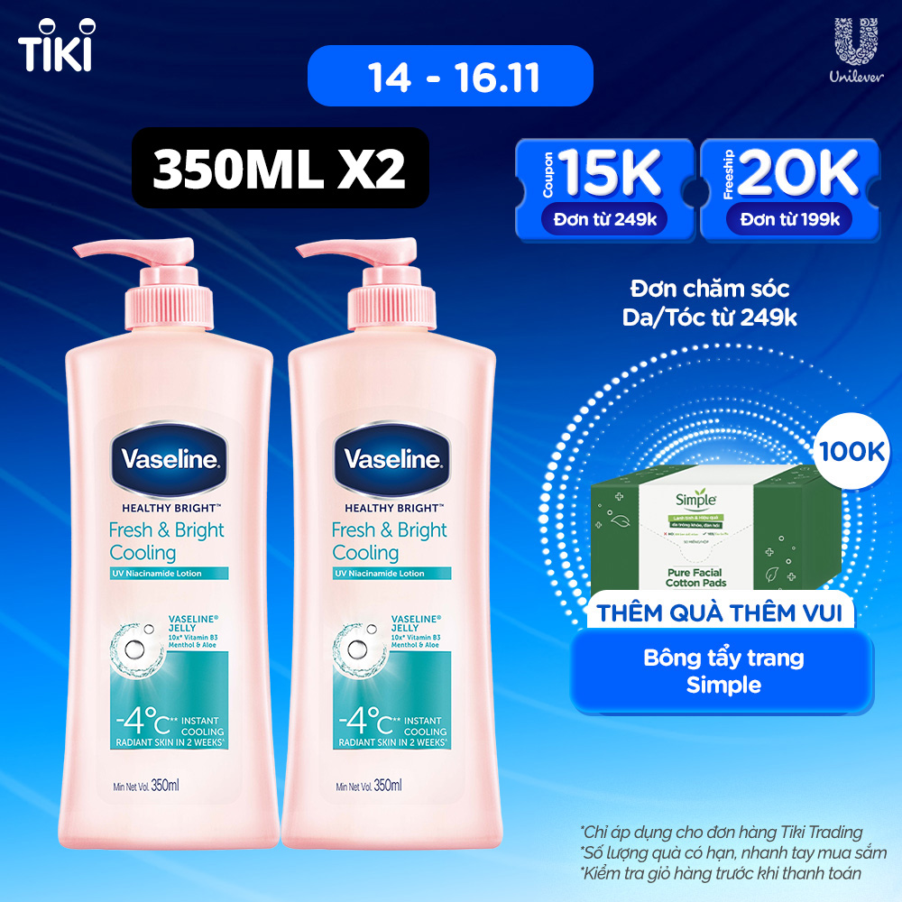 Combo 2 Gel dưỡng thể dưỡng sáng mát lạnh Vaseline Fresh &amp; Bright 350ML/chai