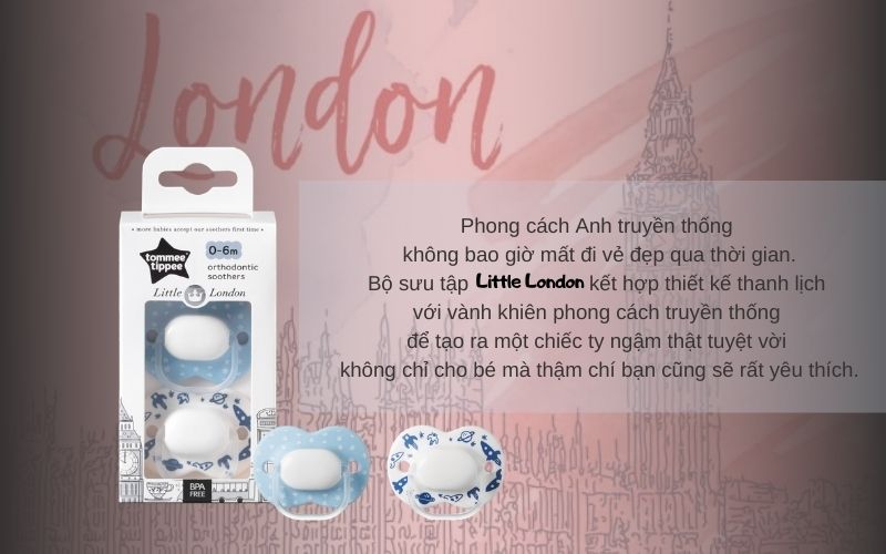 Ty ngậm cho bé Tommee Tippee Little London  0-6 tháng (vỉ 2 cái) - Xanh/Trắng