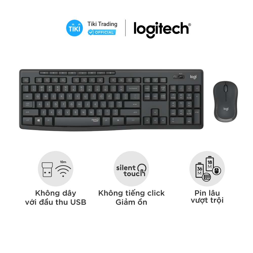 Combo chuột phím không dây Logitech MK295 Silent - Chống ồn 90%, có phím số, mắt đọc cải tiến, bền bỉ, không lag - Hàng chính hãng