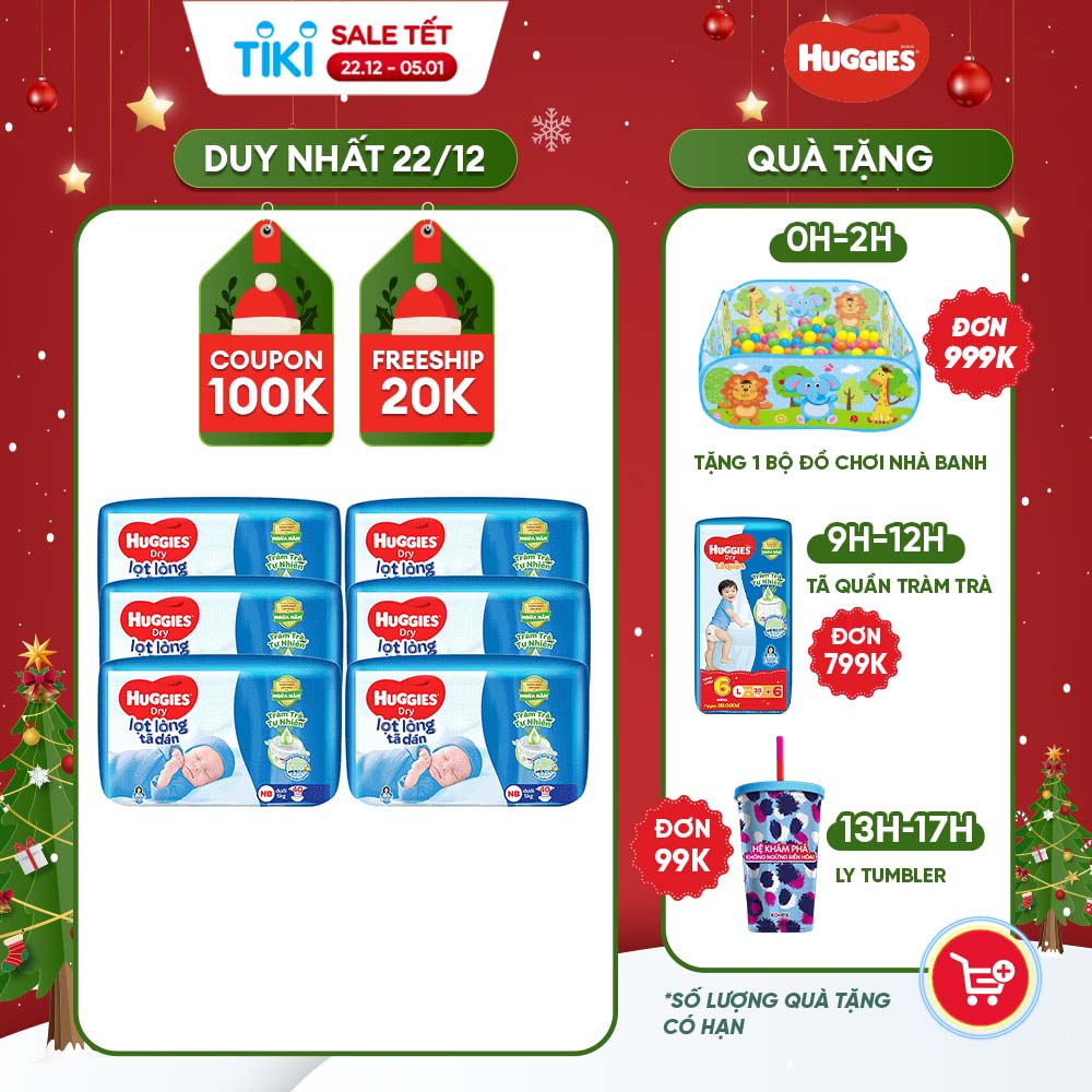 Thùng 6 Tã dán sơ sinh Huggies NB40 (dưới 5kg) - Gói 40 miếng Tràm Trà