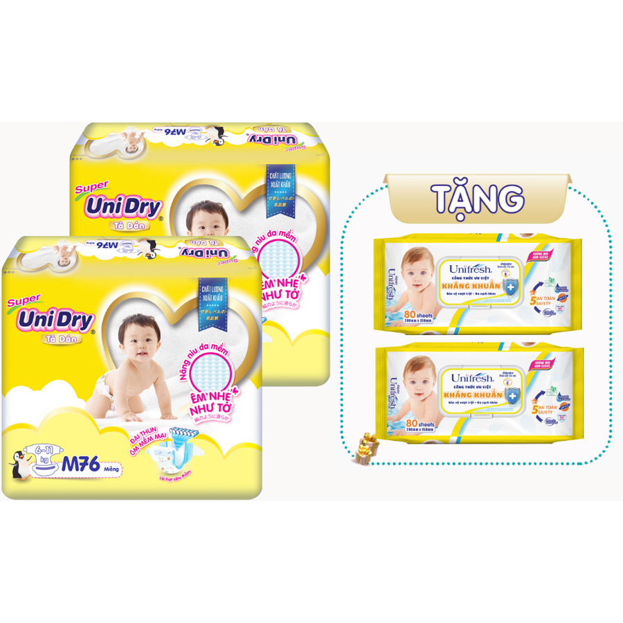 Combo 2 Tã Dán UniDry Gói Đại - Tặng 2 gói khăn ướt Unifresh VitaminE 80M