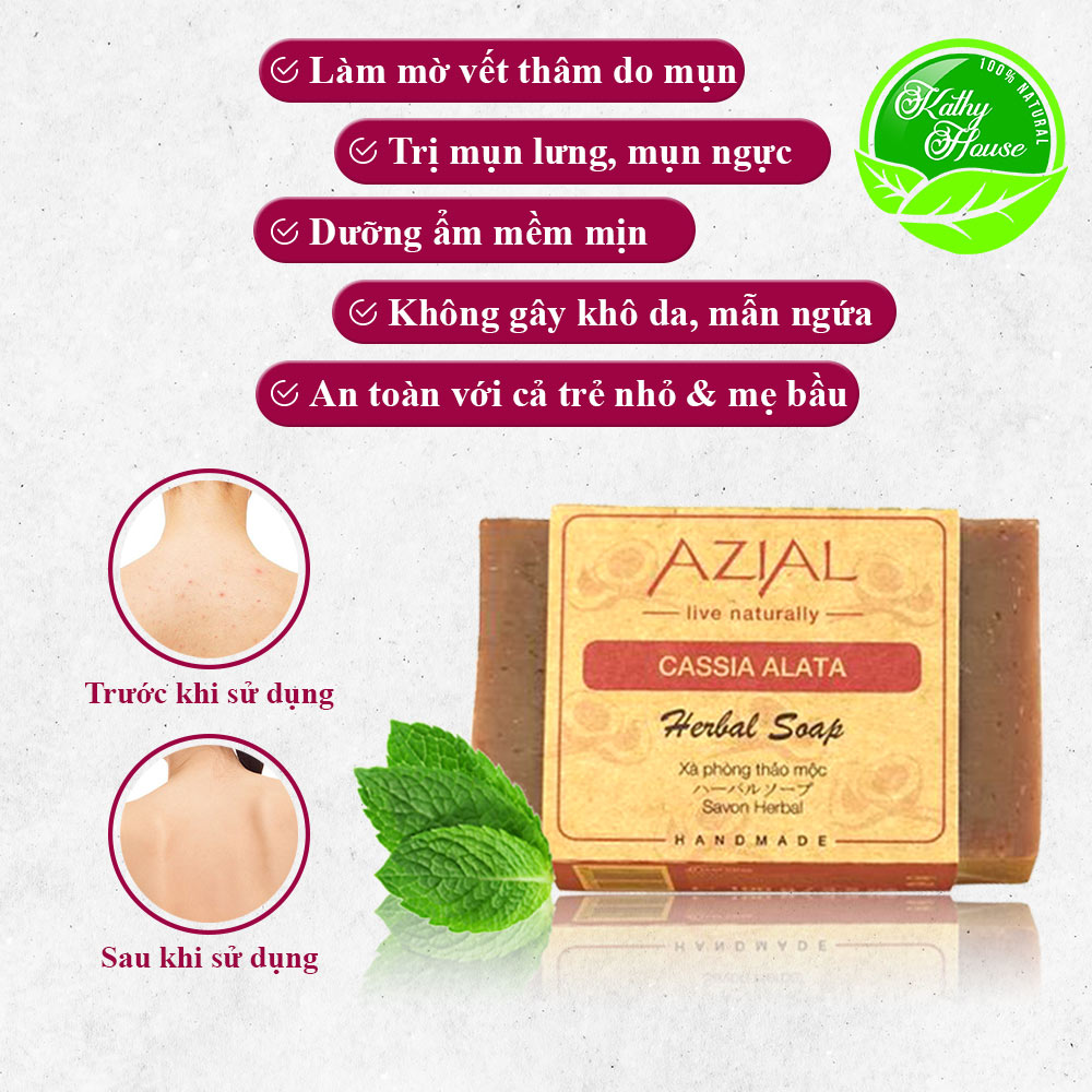 Xà Phòng Tắm Thảo Mộc 100% Thiên Nhiên AZIAL Cassia Alata Herbal Soap 100g, xà bông cục hương thơm Bạc Hà sảng khoái, phù hợp mọi loại da