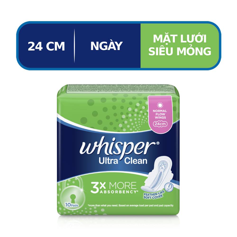 Combo 6 Băng Vệ Sinh Whisper Ultra Clean Siêu Mỏng Có Cánh Ngày Vừa 24cm (Gói 10 Miếng)