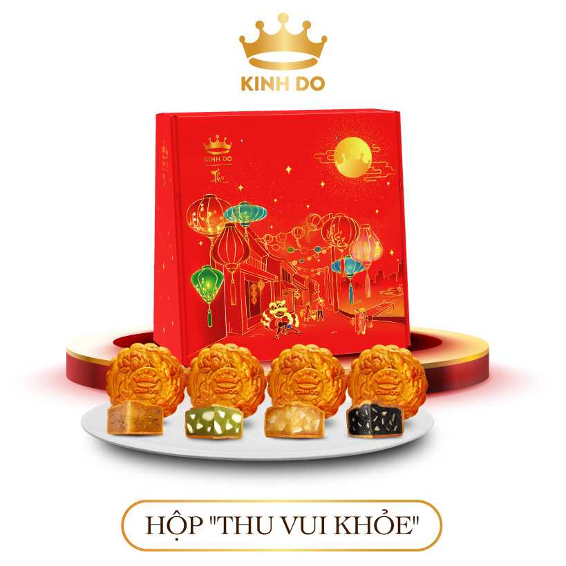 Tặng lồng đèn giấy - Hộp 4 bánh trung thu Kinh Đô giảm đường tinh luyện &quot;Sống Xanh&quot; (3 bánh ăn kiêng x 150g + 1 bánh 1 trứng x 150g)