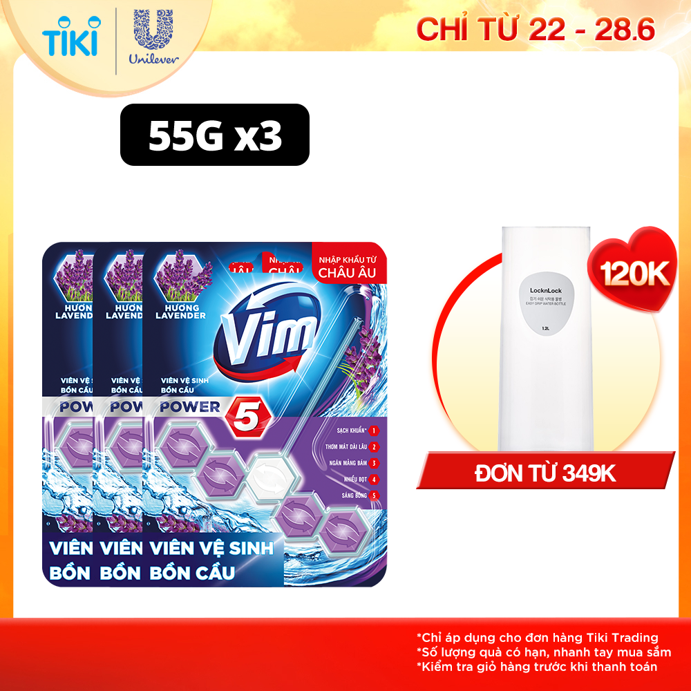 Combo Viên tẩy bồn cầu 55G x 3 VIM Power 5 hương Oải hương Sạch Khuẩn Thơm Mát suốt 30 ngày