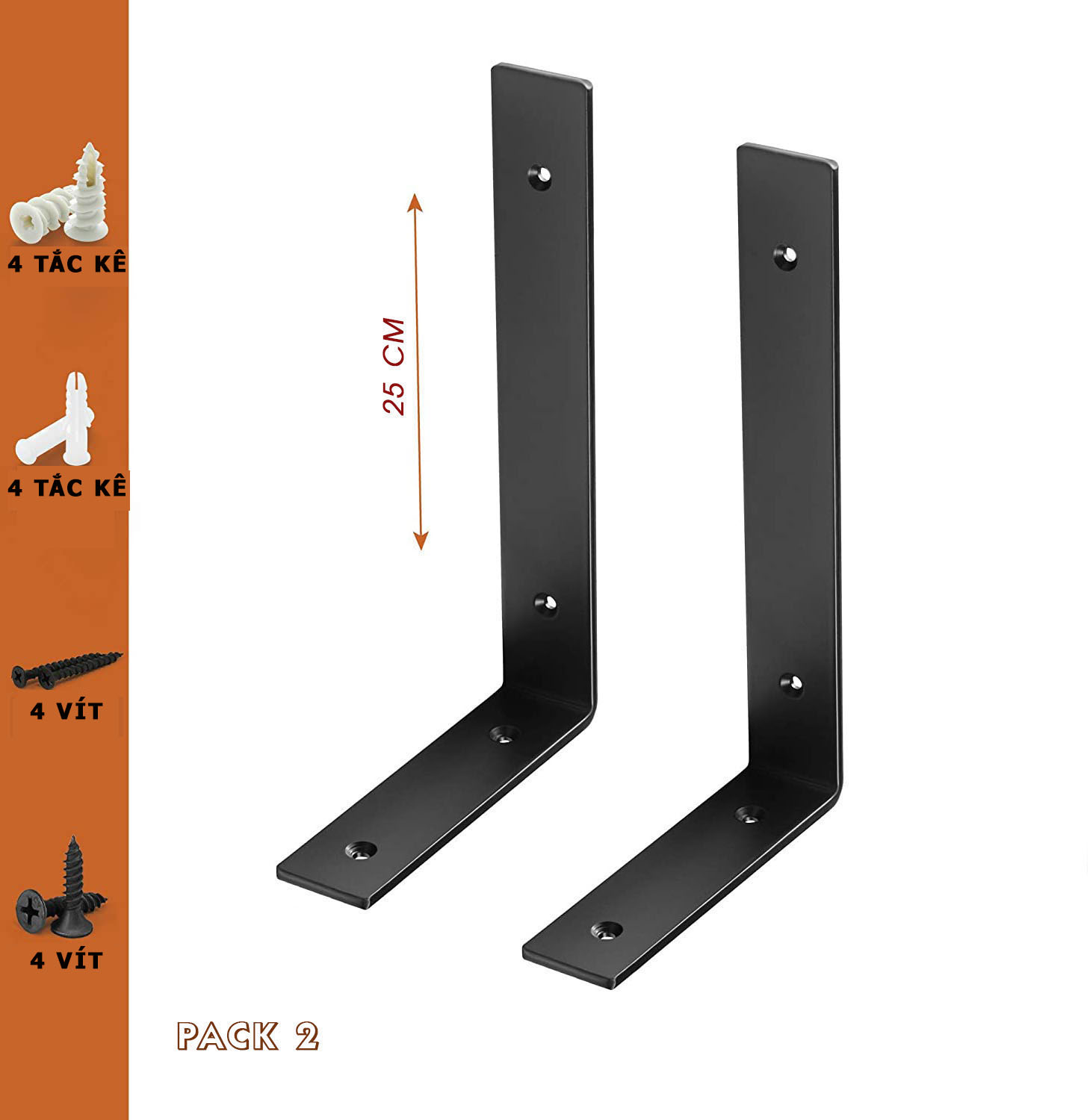 Bộ 2 giá đỡ chữ L ke bàn treo tường bằng thép phủ sơn tĩnh điện, kèm phụ kiện vít tắc kê – Hàng chính hãng