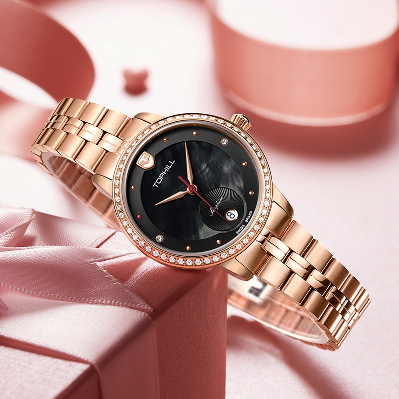 Đồng hồ nữ thời trang mặt xà cừ đính đá chính hãng Thụy Sĩ TOPHILL TE037L.M3037