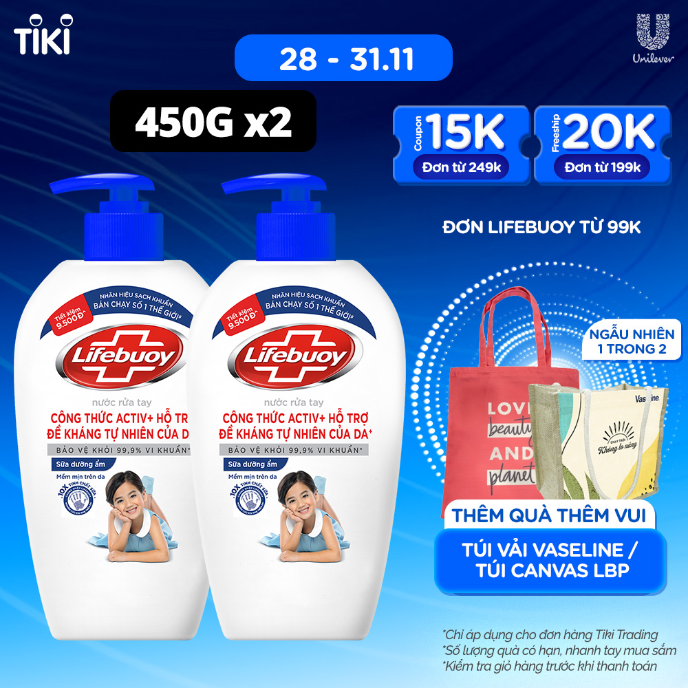 Combo 2 Nước Rửa Tay Lifebuoy Chăm Sóc Da Giúp Dưỡng ẩm Mềm Mại Và Bảo Vệ Khỏi 99.9% Vi Khuẩn Trên Tay Chai 450G