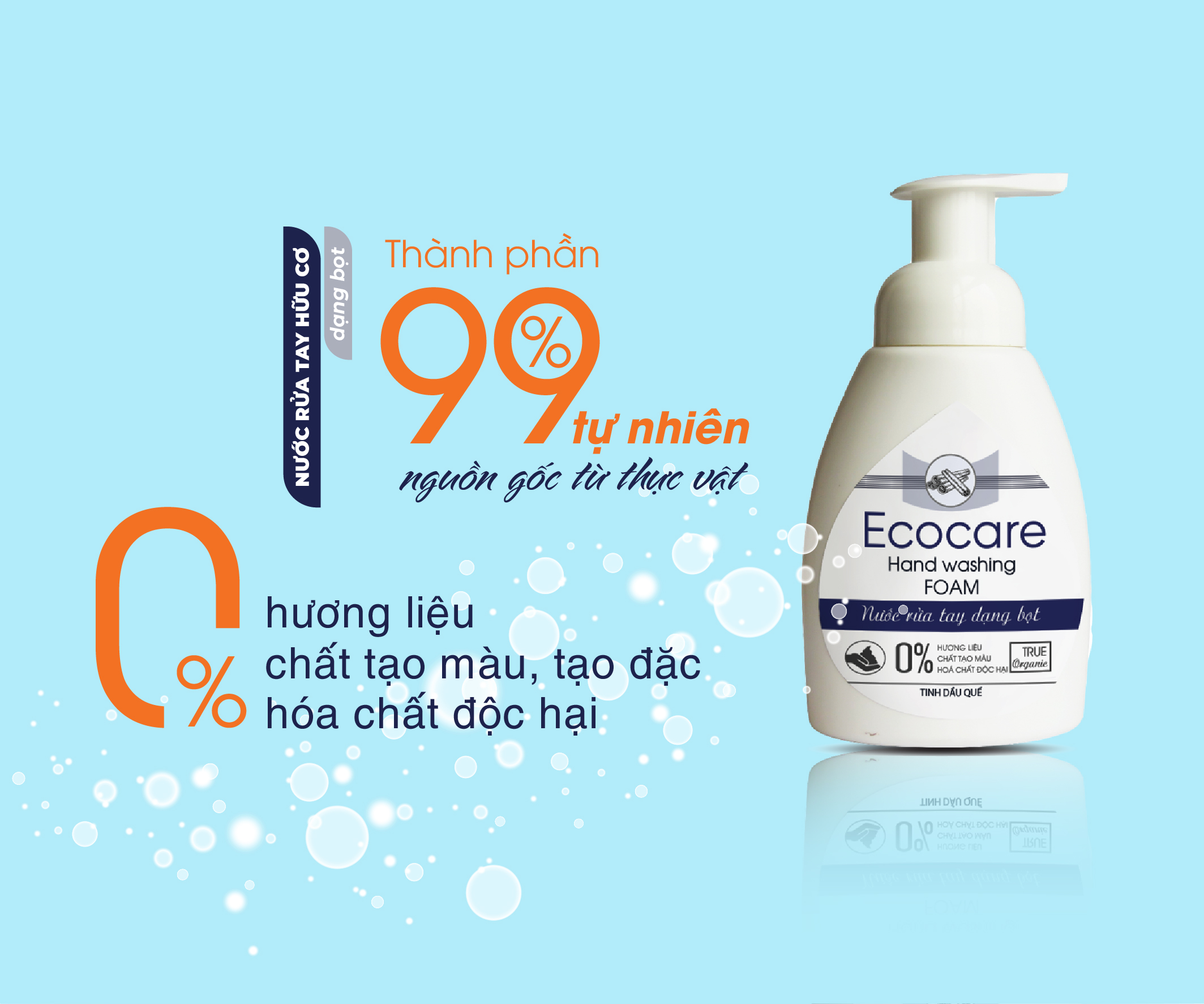 Nước rửa tay hữu cơ diệt khuẩn dạng bọt tinh dầu Quế 250ml thương hiệu Ecocare