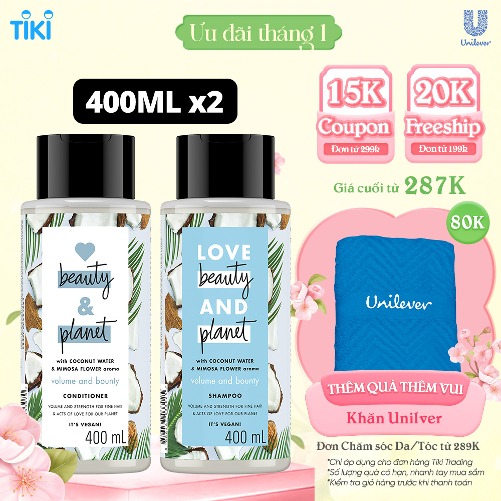 Combo Dầu gội và Dầu xả LOVE BEAUTY &amp; PLANET Phục hồi hư tổn với 100% dầu dừa organic và hương hoa ngọc lan tây 400ml