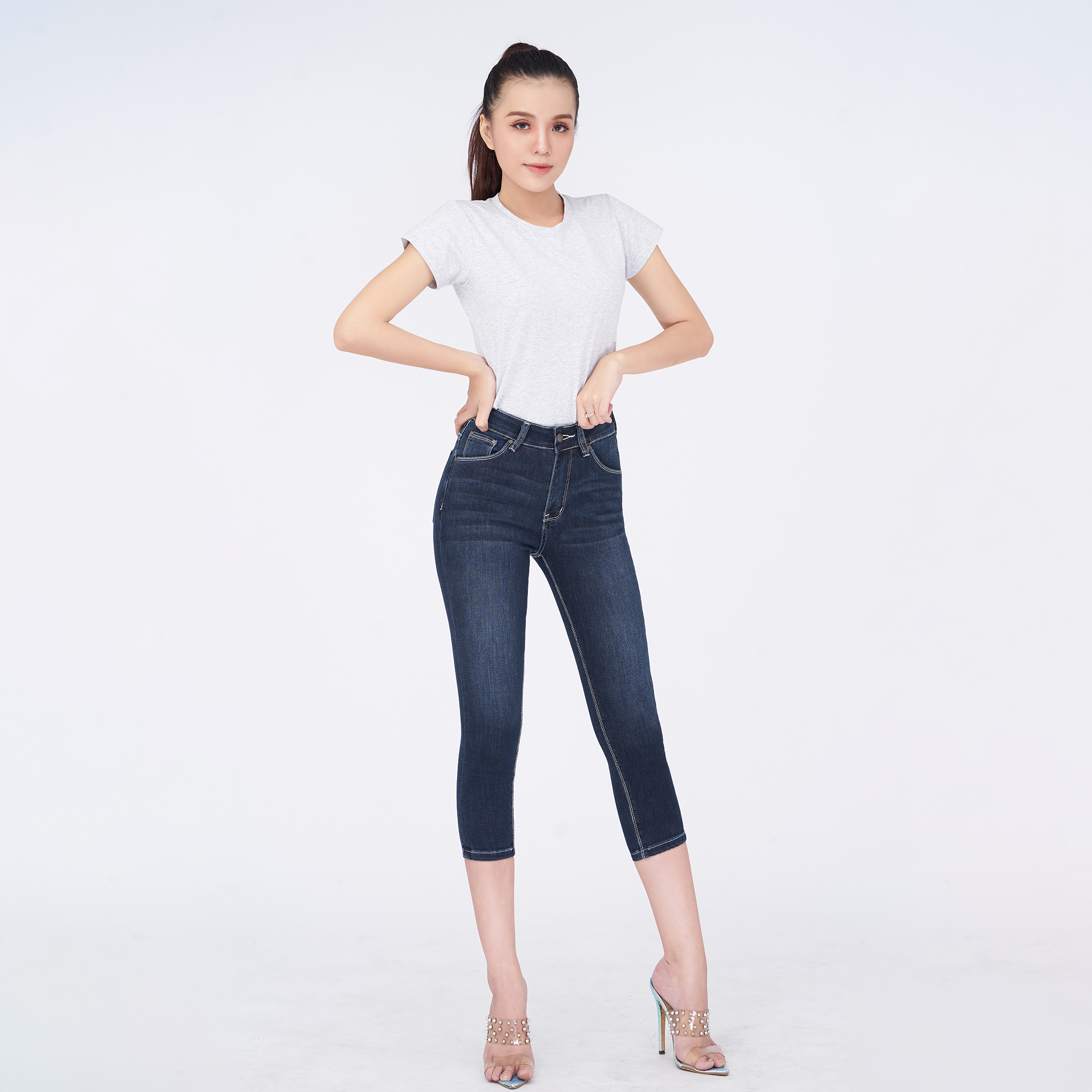 Quần Jean Nữ Aaa Jeans Lửng Dáng Skinny Lưng Cao Navy Blue