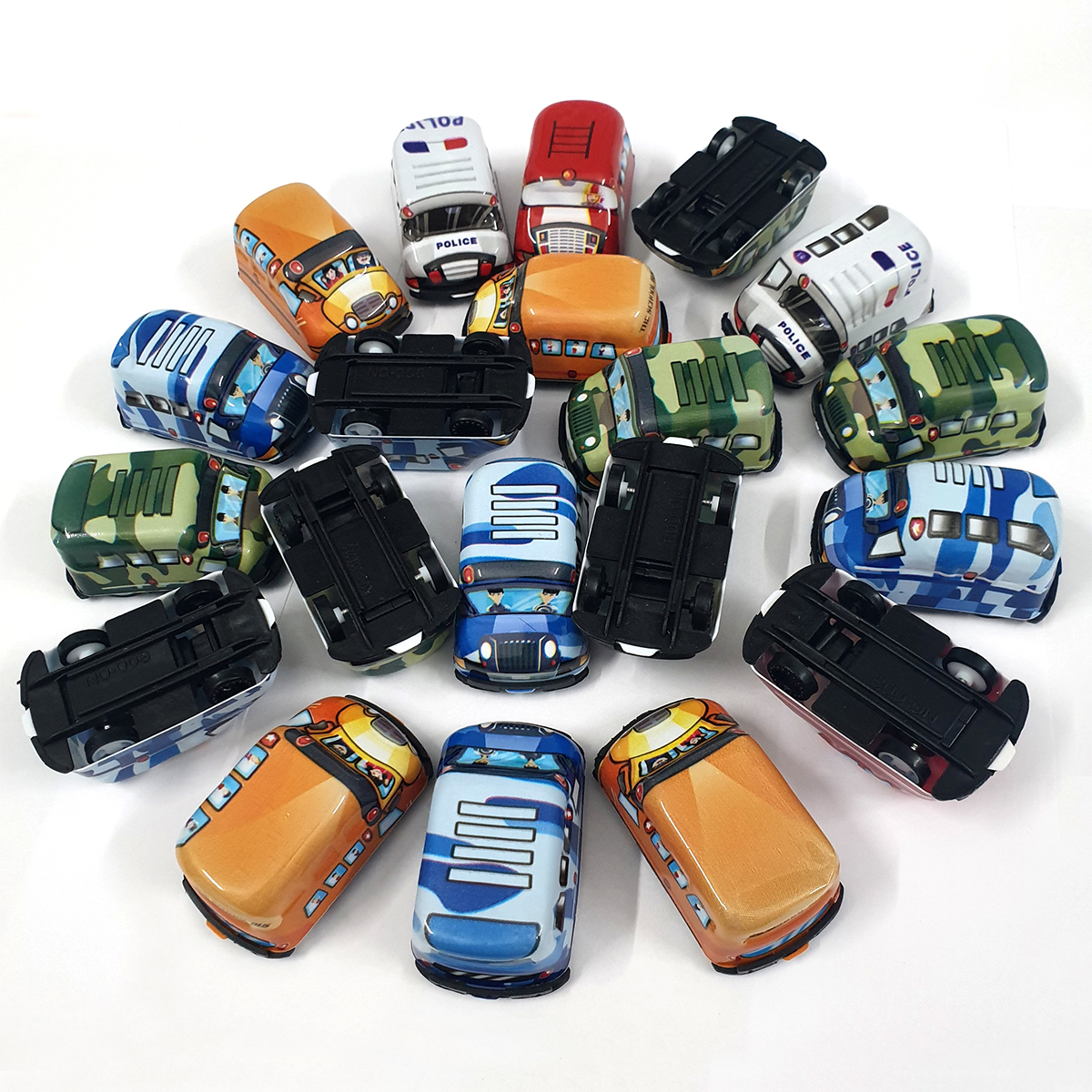 Bộ 20 mô hình đồ chơi ô tô cứu hỏa, xe cứu thương, xe cảnh sát, xe buýt mini bánh đà kích thước 4.5x3x2 cm