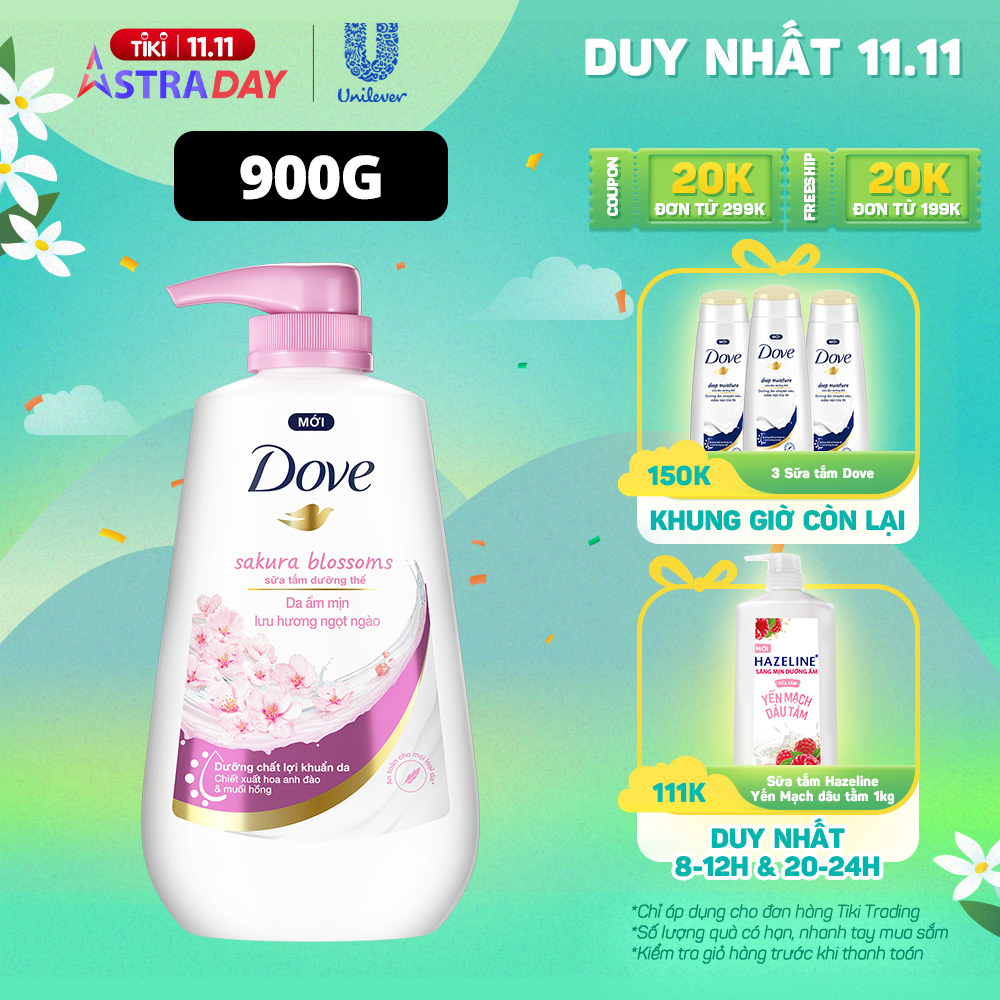 Sữa tắm dưỡng thể Dove Sakura Blossoms Da mềm mịn hương hoa với hương hoa anh đào &amp; muối hồng 900g