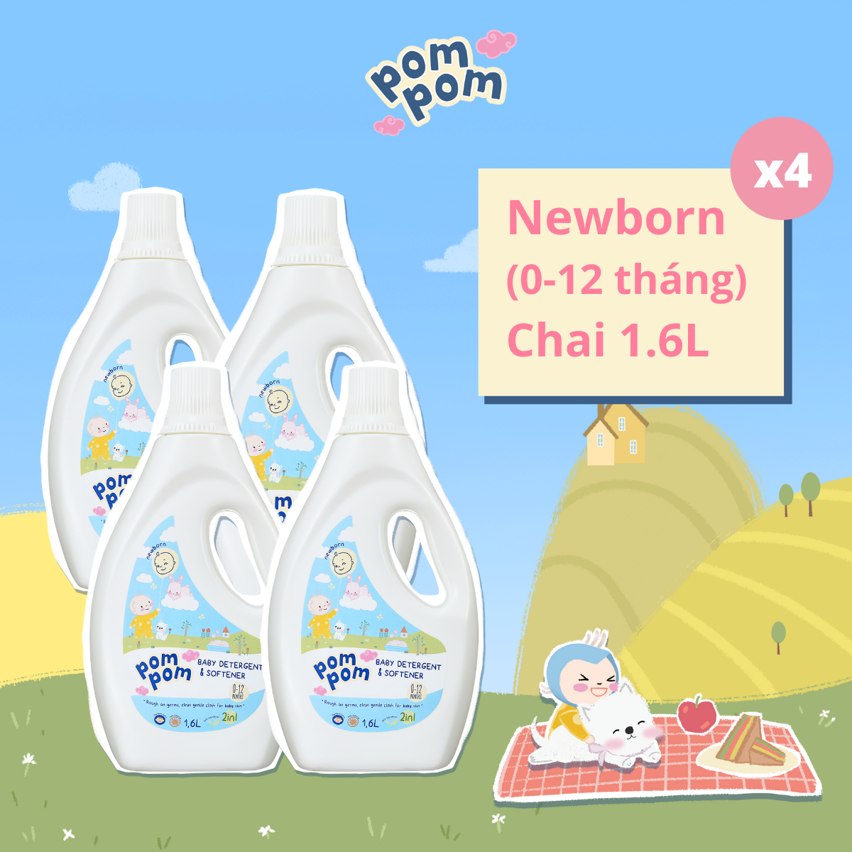 Thùng 4 Chai Nước Giặt Xả Pom Pom chuyên biệt dành cho bé sơ sinh (0-12 tháng)