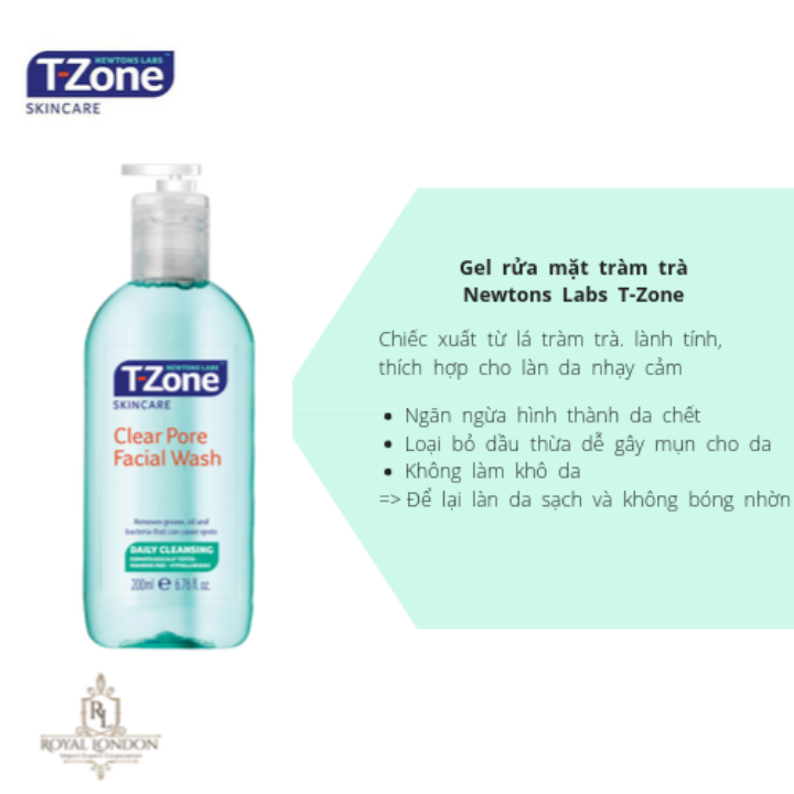 Gel rửa mặt tinh chất tràm trà T-Zone Clear Pore Facial Wash daily cleansing 200ml, se khít lỗ chân lông, cho da dầu mụn, hàng chính hãng