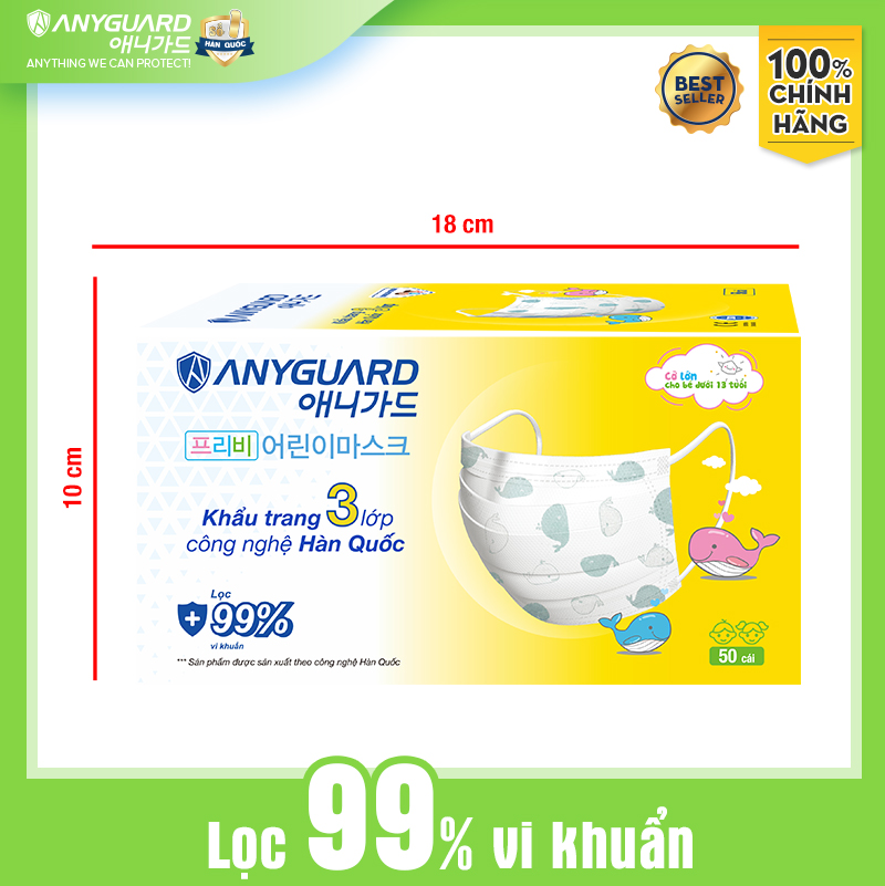 Khẩu Trang Trẻ Em Anyguard Hàn Quốc 3 Lớp Chính Hãng (Cỡ Lớn Cho Bé Dưới 13Tuổi - Hộp 50 Chiếc)-베이비 마스크 - Face Mask For Kids Under 13 yearsold-ISO 9001:2015, ISO 13485:2016, QCVN 01:2017/BTC