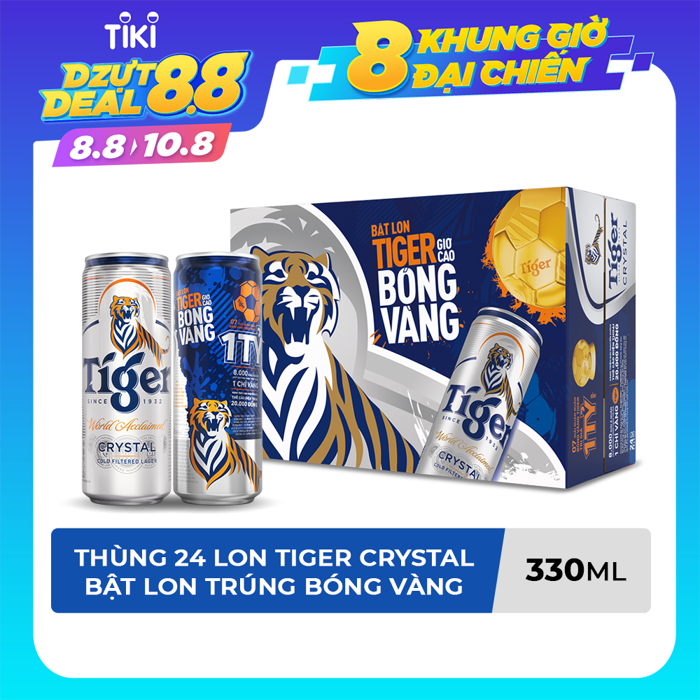 Thùng Bia Tiger Crystal 24 Lon Cao (330ml/Lon) (Bật lon Tiger giơ cao bóng vàng)