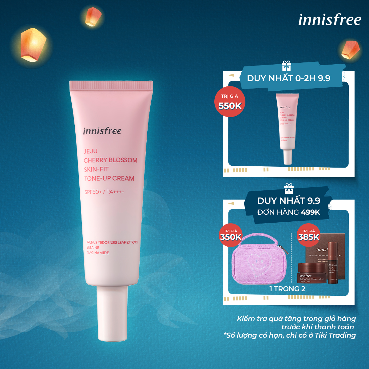 Kem dưỡng ẩm làm sáng chống nắng cho da innisfree Cherry Blossom Glow Skin-Fit Tone-Up Cream SPF 50+PA++++ 50ml