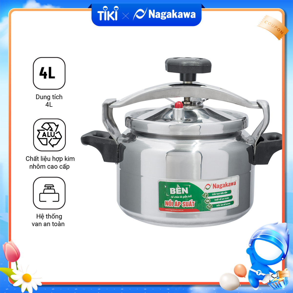 Nồi áp Suất Cơ Nagakawa NAG1441 (4 Lít) - Làm Bằng Hợp Kim Nhôm Cao Cấp Siêu Bền - Dùng Với Bếp Gas, Bếp Hồng Ngoại - Hàng Chính Hãng