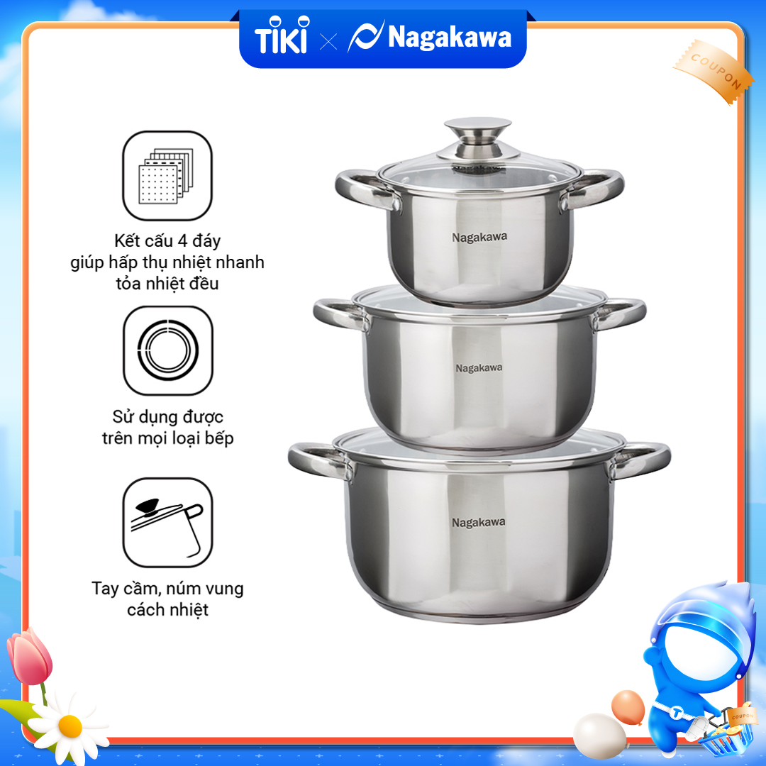 Bộ 3 Nồi Inox Cao Cấp 4 Đáy Nagakawa NAG1304 (16cm, 20cm, 24cm) Dùng Cho Mọi Loại Bếp - Hàng Chính Hãng