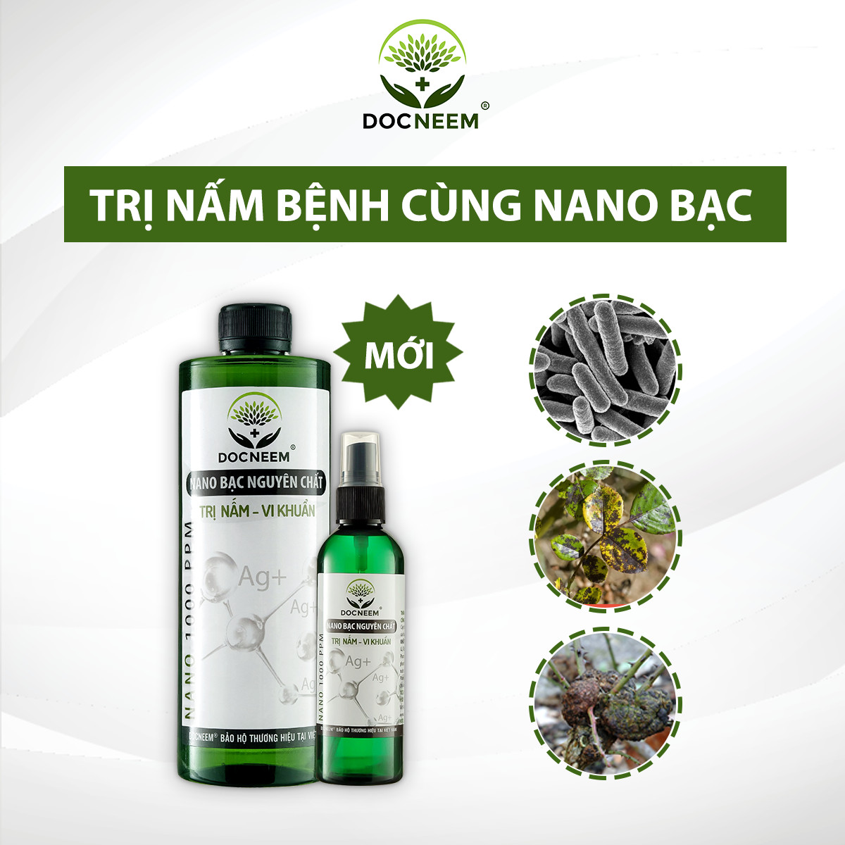 Nano bạc DOCNEEM nguyên chất trị nấm, vi khuẩn, virus cho cây hoa hồng, phong lan, trầu bà, monstera,  cây cảnh trong nhà và ngoài trời, hàng chính hãng, chai 500ml