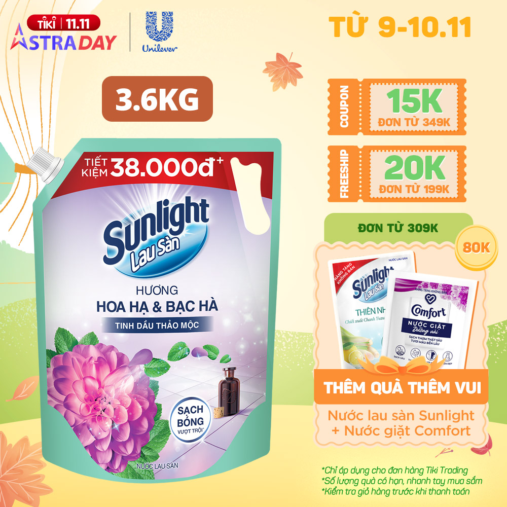 Nước Lau Sàn Sunlight Tinh Dầu Thảo Mộc - Hương Hoa Hạ Bạc Hà Túi 3.6KG - Hoa Hạ &amp; Bạc Hà