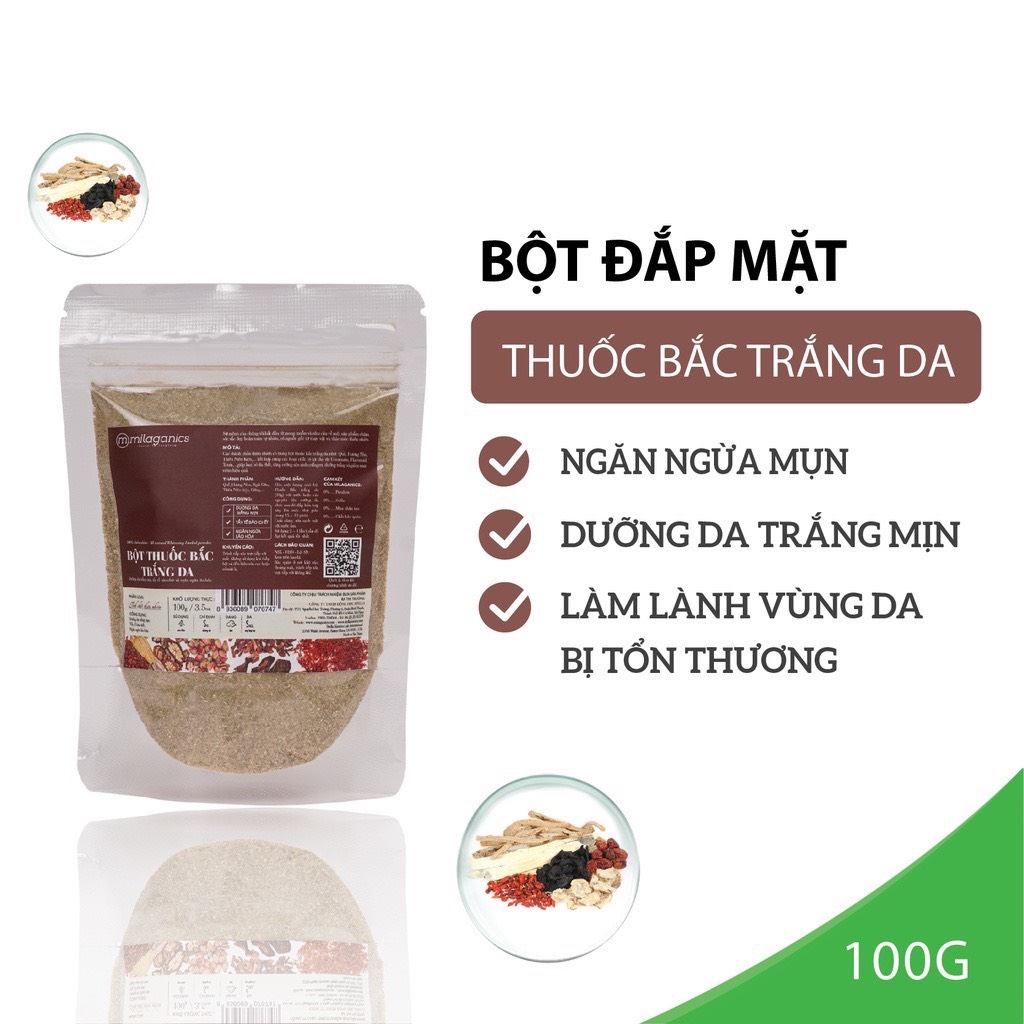 Bột Thuốc Bắc Trắng Da Đắp Mặt Nạ Ngăn Ngừa Mụn &amp; Mờ Thâm Nám MILAGANICS 100gr (Túi Zip)